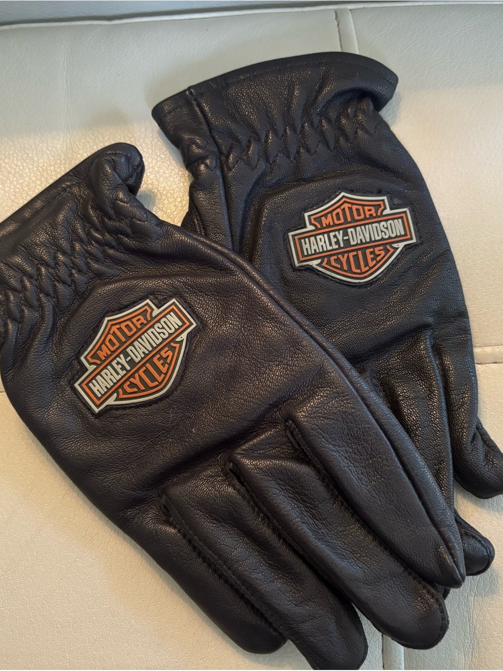 Harley-Davidson Black Leather Gloves with Orange & White Logo Patch